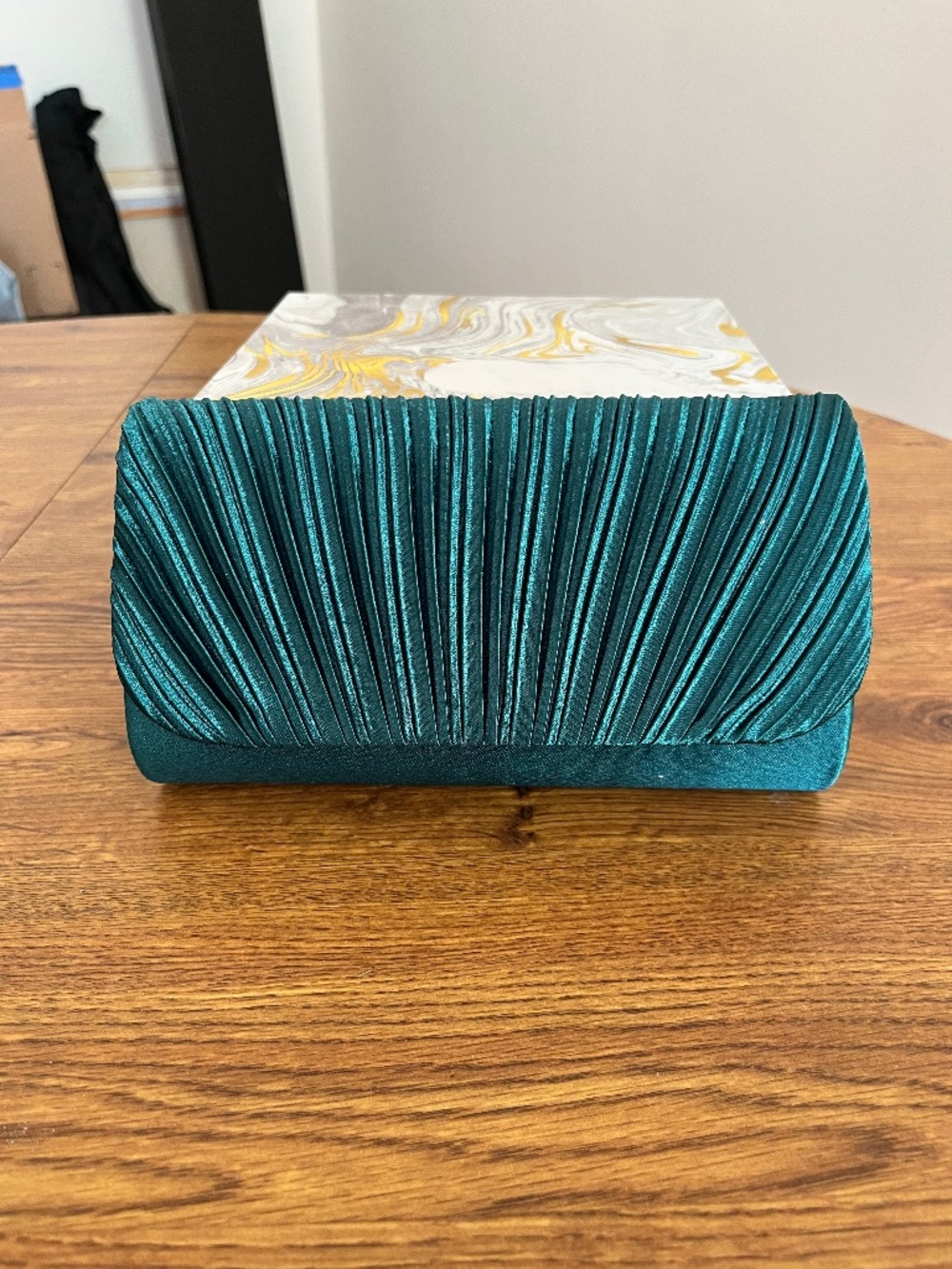 New Emerald Satin Pleated Clutch with Chain